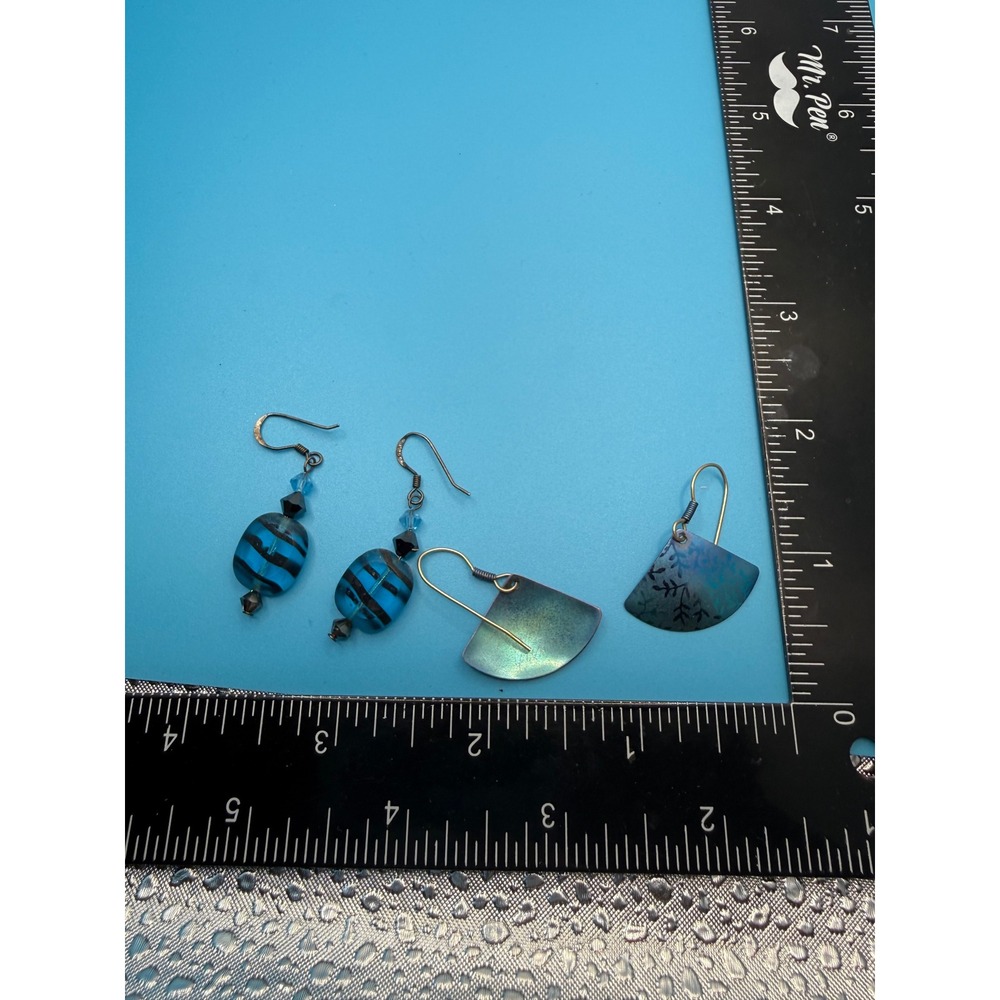 Vintage Blue Glass Bead and Anodized Fan Dangle Earrings Lot of 2 Pairs - Picture 3 of 3